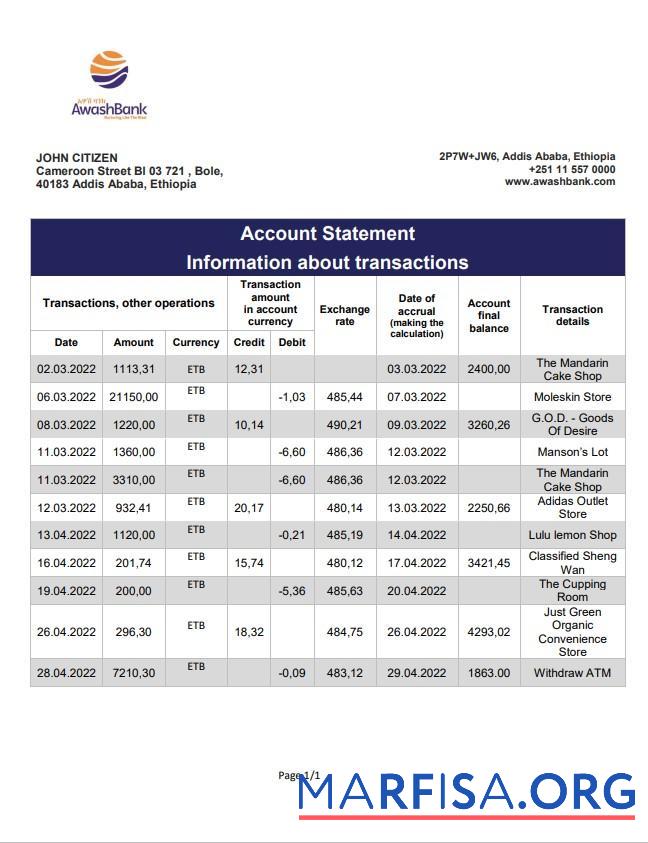 Printable Ethiopia Awash bank statement excel sample